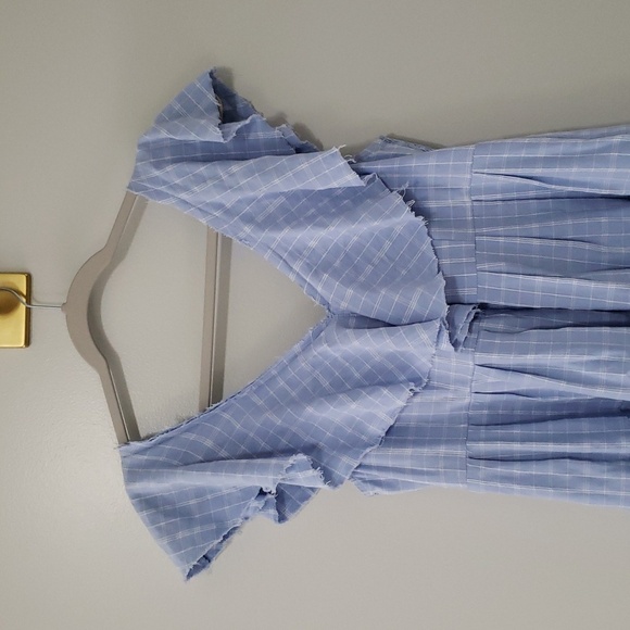 Fate Mini Dress Medium Plaid Blue White Ruffle Cap Sleeve Pockets Tiered Smocked - Picture 2 of 16